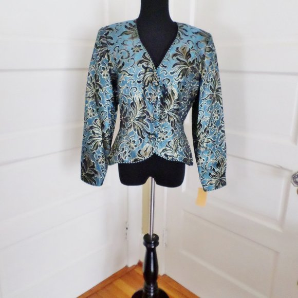 Victor Costa by Nahdree Evining Jacket Blue Brocade w/ Rhinestone Buttons - Picture 1 of 10